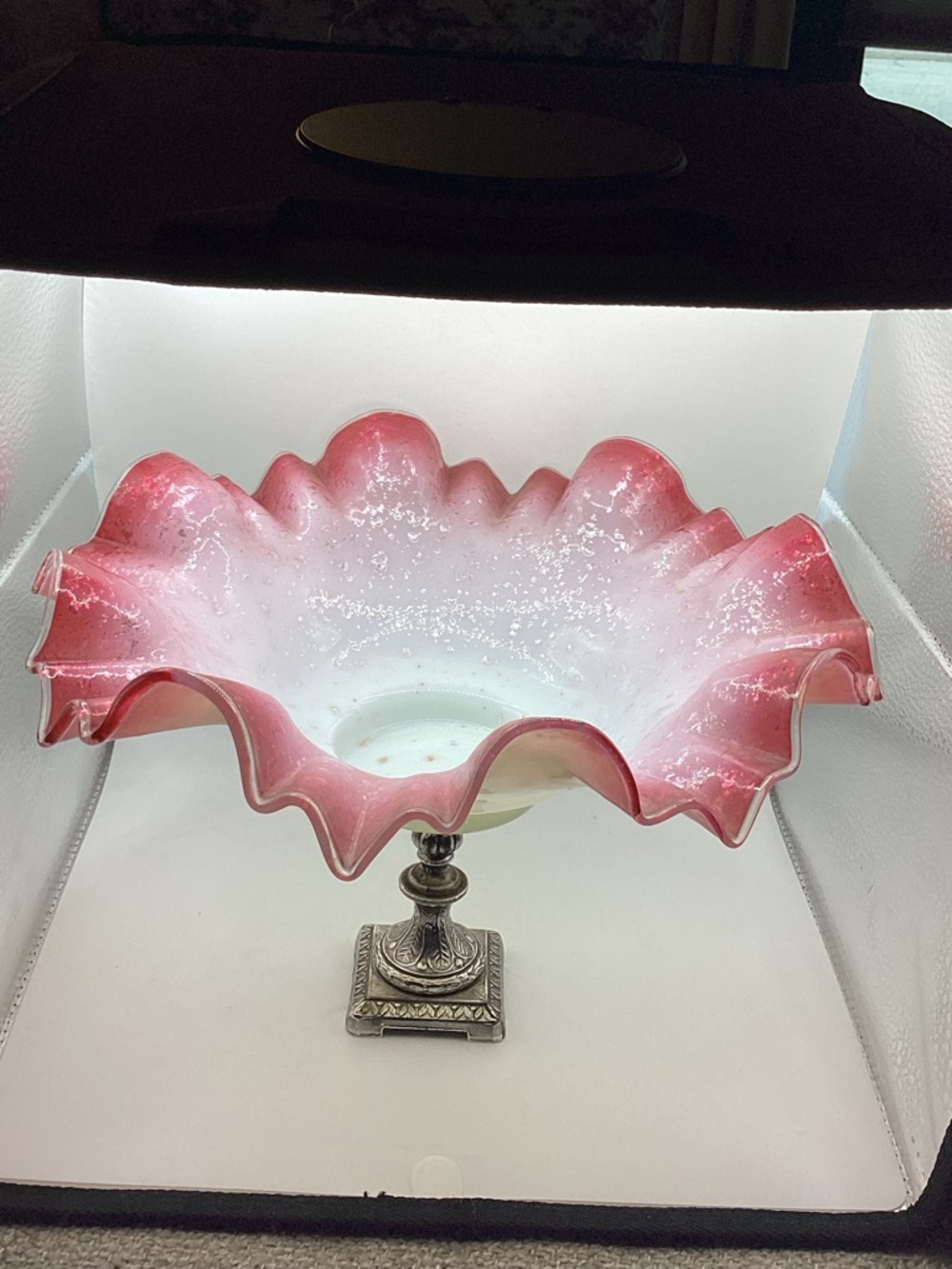 Victorian’s Bride Basket Pink Ruffled Glass Pedestal Bowl